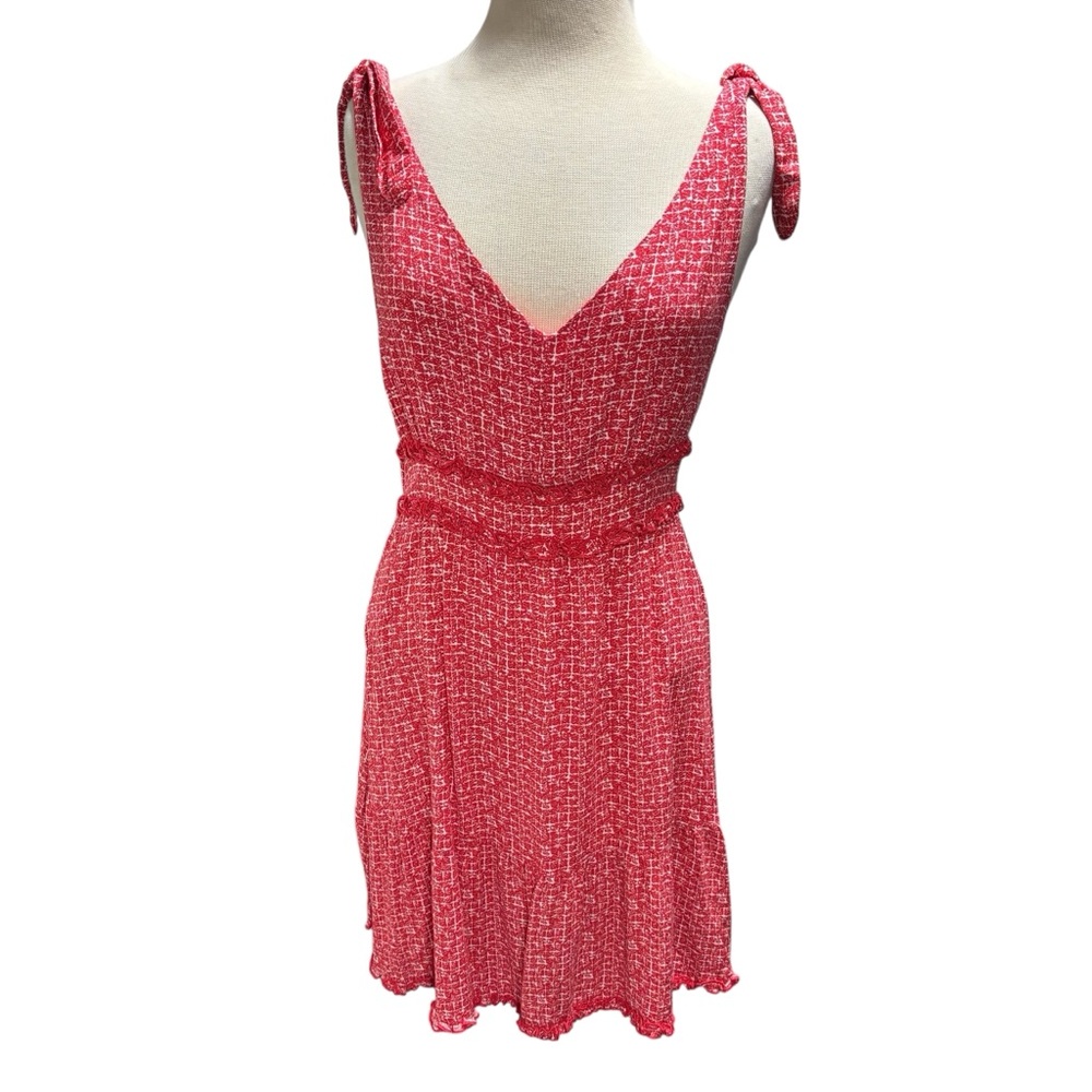Red White Grid Print Tie Shoulder Smocked Waist Mini Dress V-Back #622
